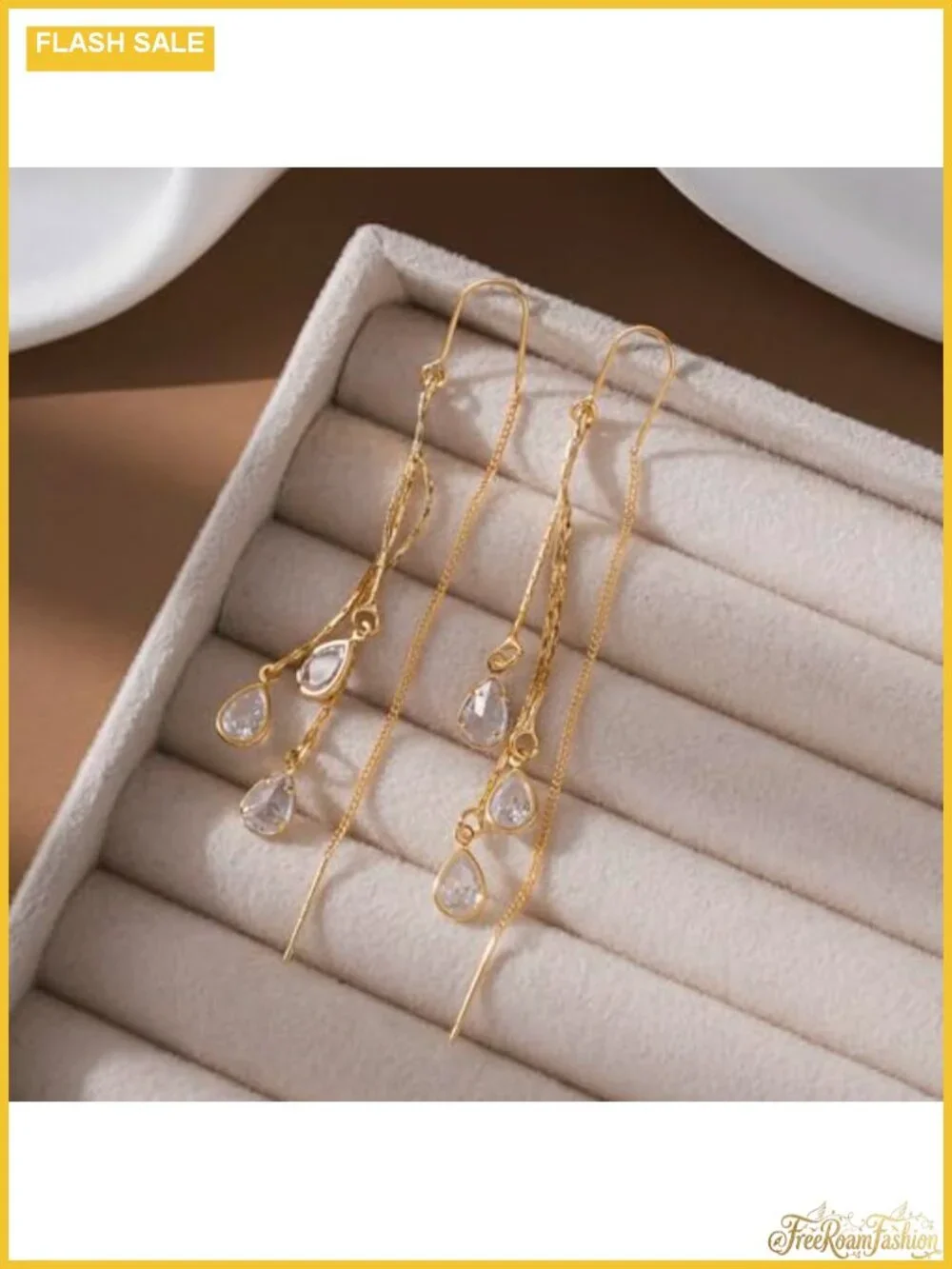 Dangle Chain Earrings Gold Plated CZ Long Hanging Threader
